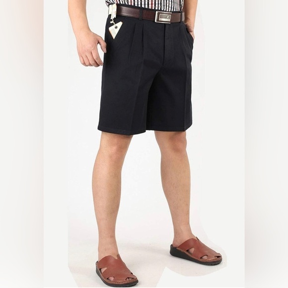 Men's Classic Fit Inseam Chino Oxford Shorts Pleated Flat Golf Shorts Black Navy - Picture 3 of 5